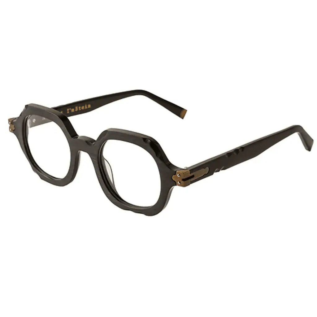 Black eyeglasses with gold accents on a white background