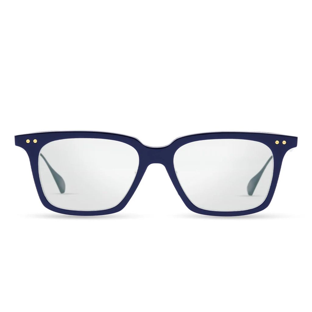 Navy blue DITA ARINU rectangular eyeglasses with bold acetate frame and dual gold rivet detailing – handcrafted designer eyewear available at Yosemite Eyewear