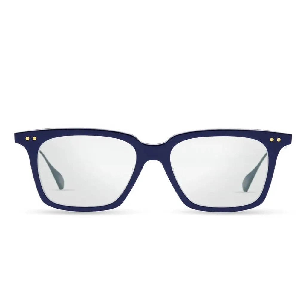 Navy blue DITA ARINU rectangular eyeglasses with bold acetate frame and dual gold rivet detailing – handcrafted designer eyewear available at Yosemite Eyewear