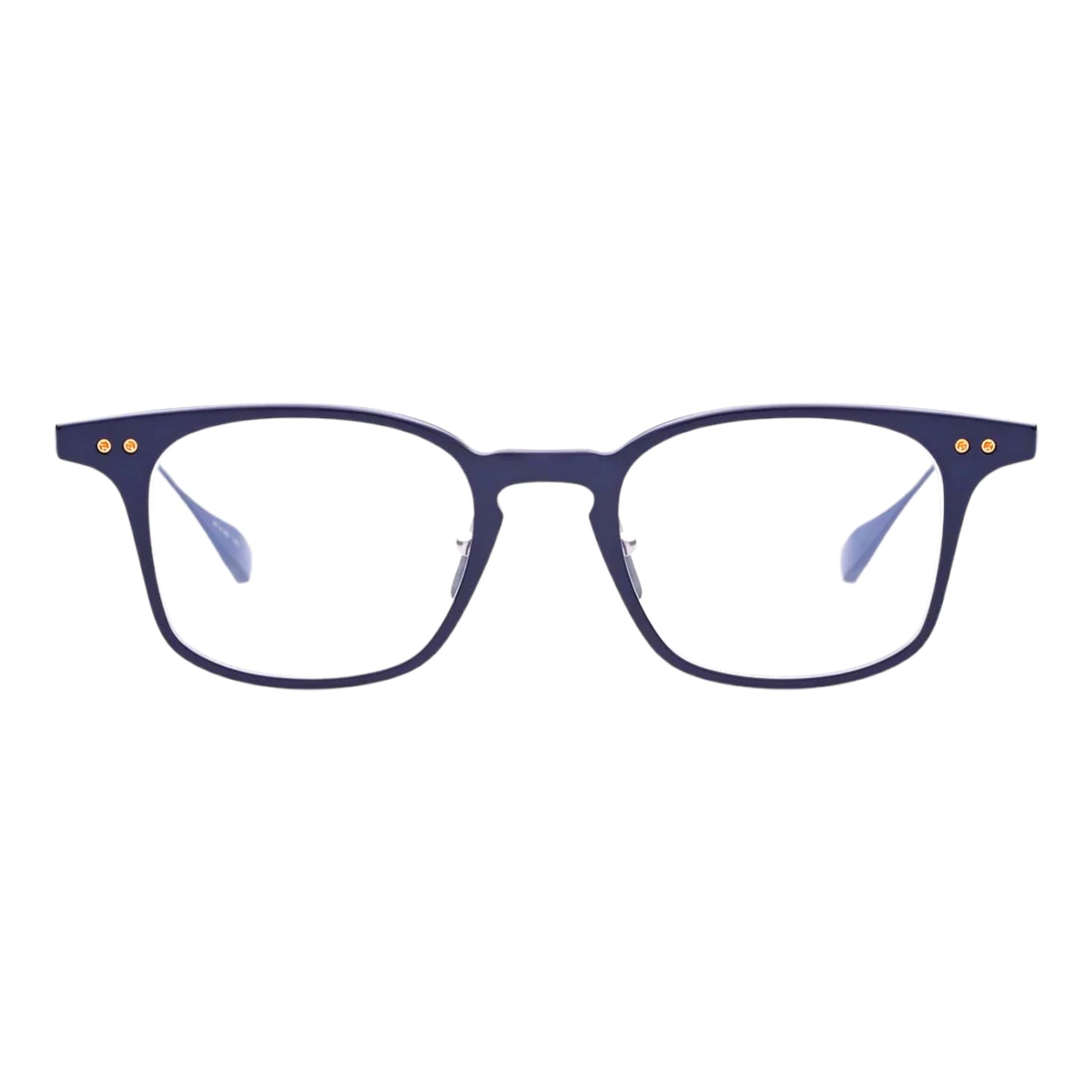 DITA Buckeye eyeglasses in matte navy with rectangular titanium frame, gold rivet details, and sleek minimalist design – premium optical frame available at Yosemite Eyewear