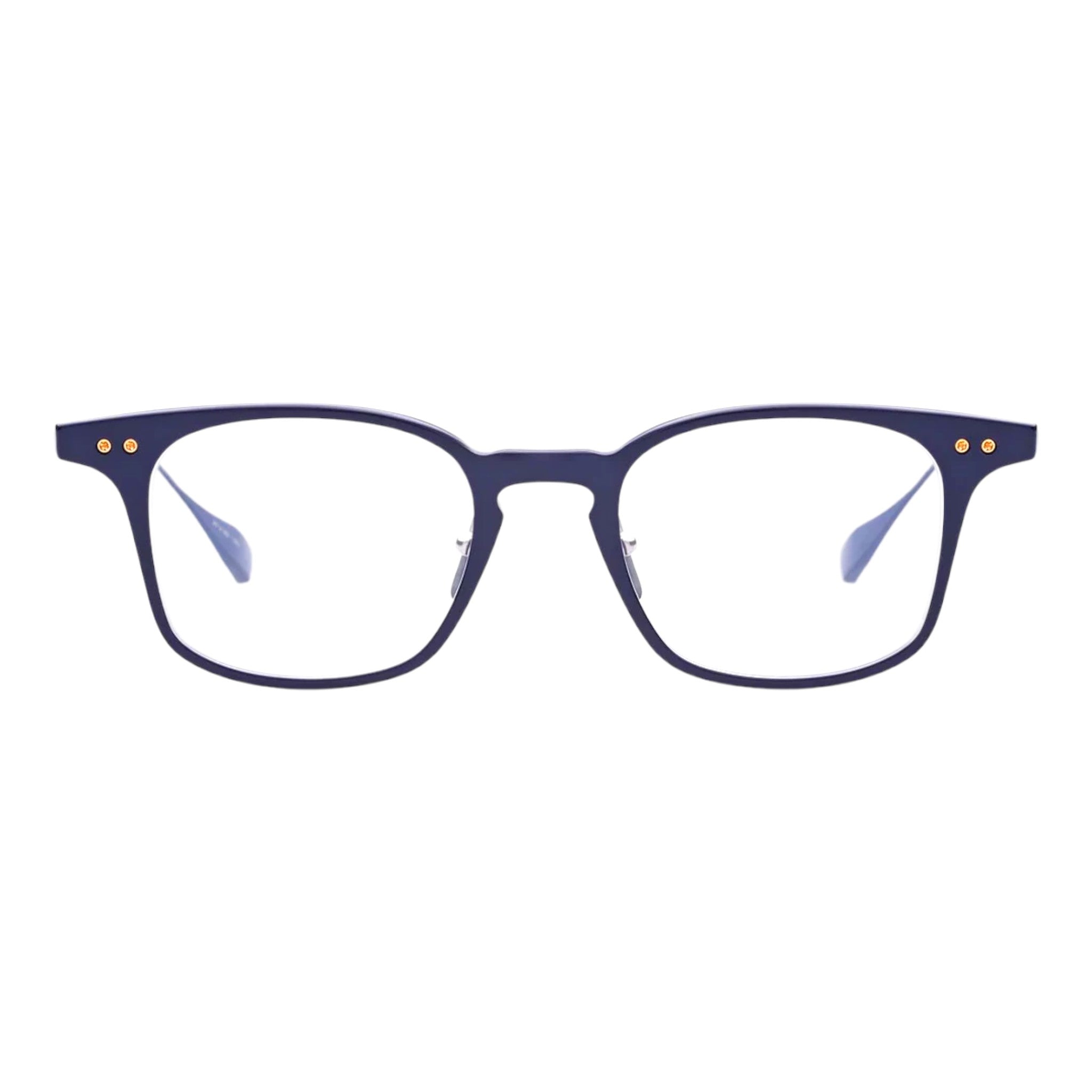 DITA Buckeye eyeglasses in matte navy with rectangular titanium frame, gold rivet details, and sleek minimalist design – premium optical frame available at Yosemite Eyewear