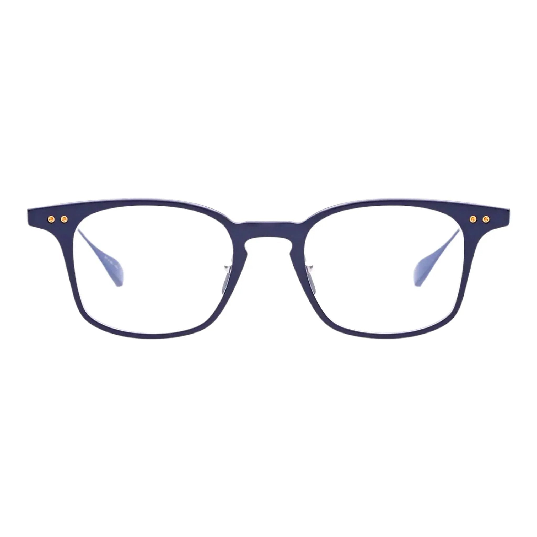 DITA Buckeye eyeglasses in matte navy with rectangular titanium frame, gold rivet details, and sleek minimalist design – premium optical frame available at Yosemite Eyewear