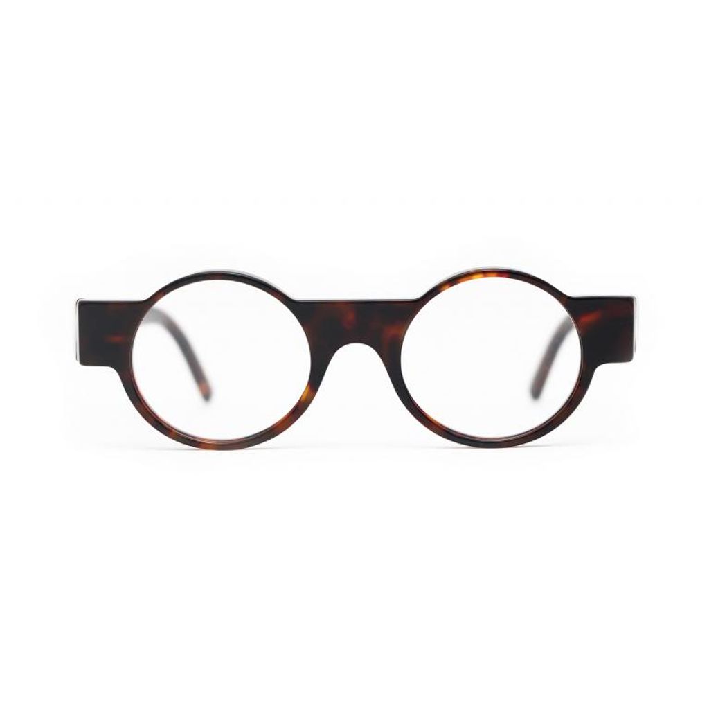 Round tortoiseshell eyeglasses on a white background
