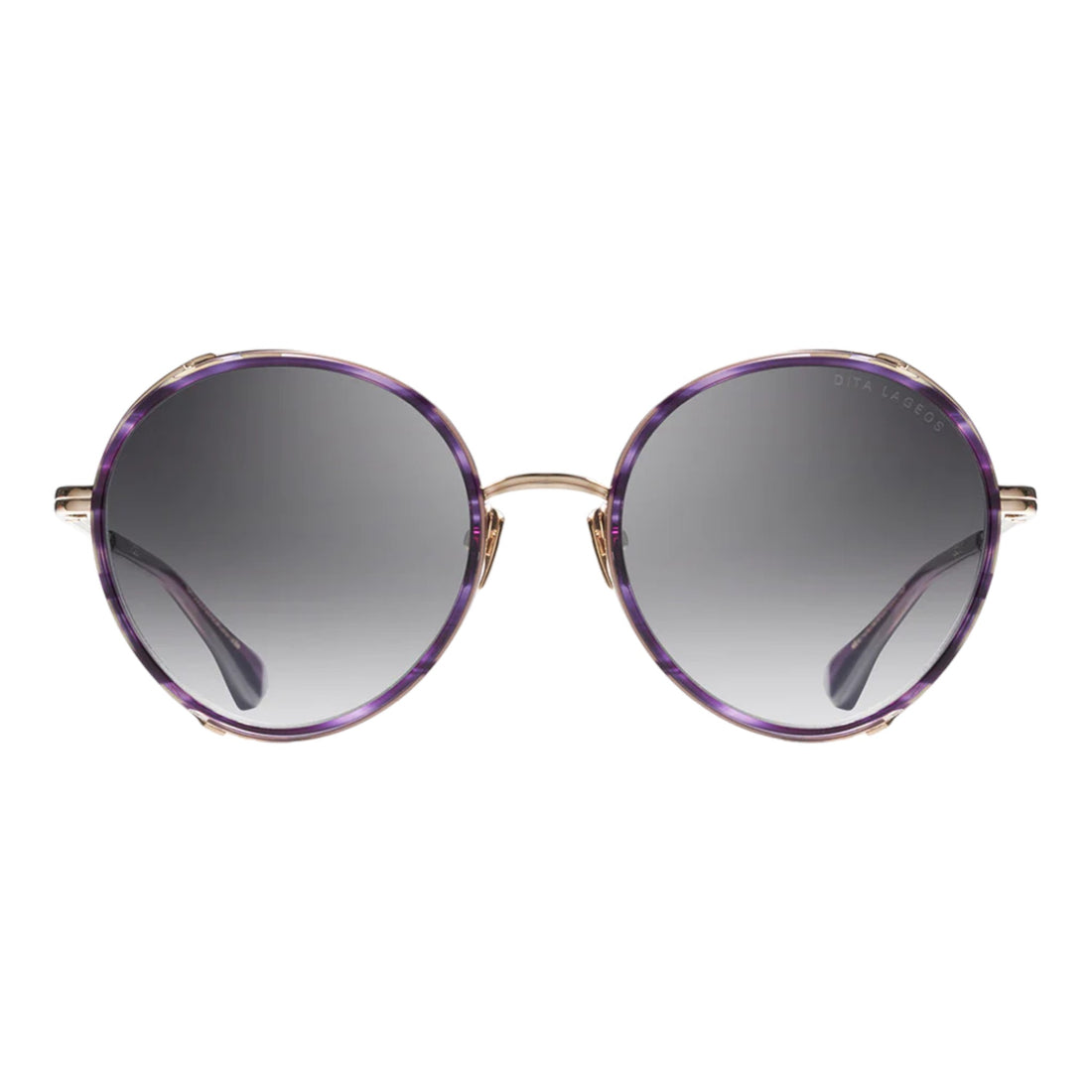 DITA Lageos round sunglasses with purple acetate rims, gold-tone metal temples, and grey gradient lenses – luxury statement eyewear available at Yosemite Eyewear