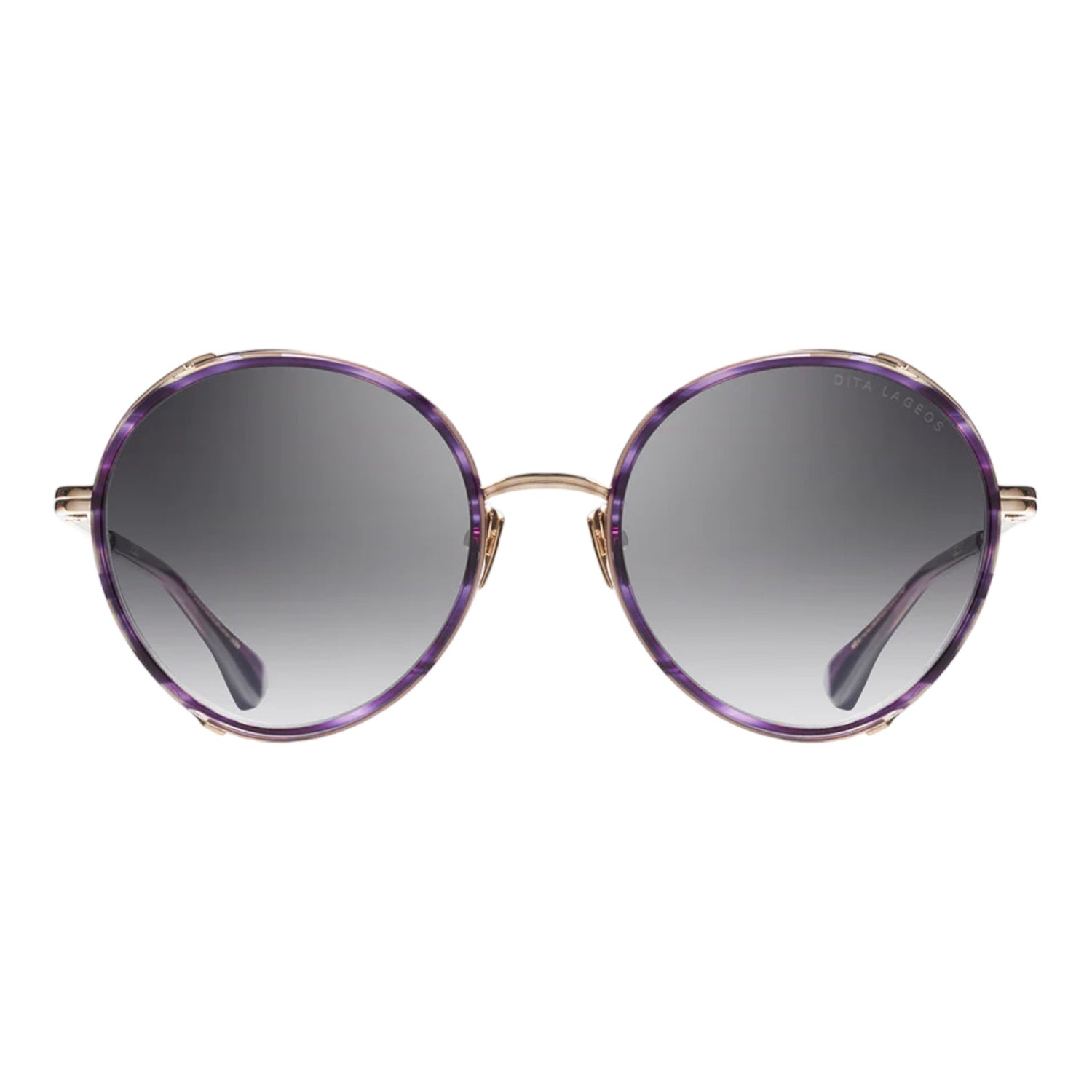 DITA Lageos round sunglasses with purple acetate rims, gold-tone metal temples, and grey gradient lenses – luxury statement eyewear available at Yosemite Eyewear