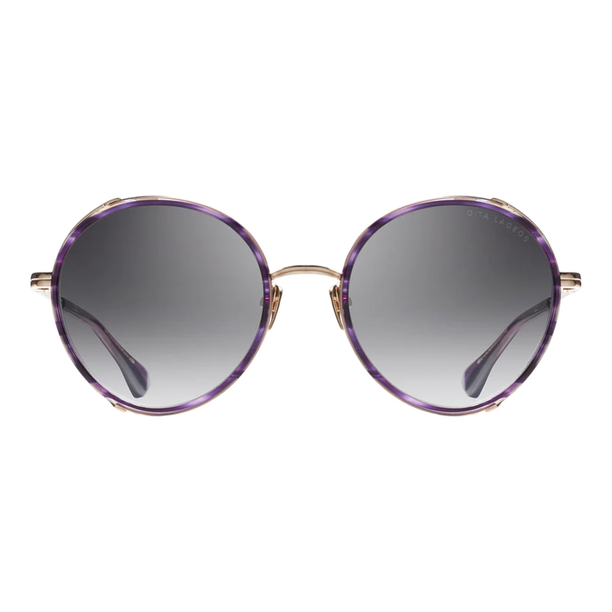 DITA Lageos round sunglasses with purple acetate rims, gold-tone metal temples, and grey gradient lenses – luxury statement eyewear available at Yosemite Eyewear