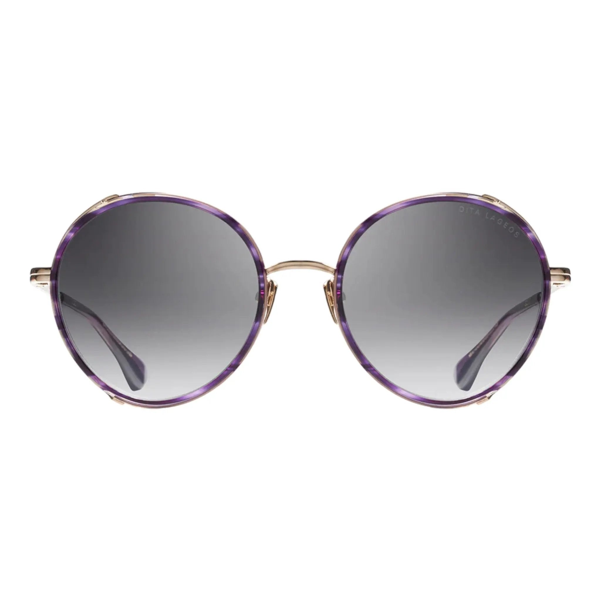 DITA Lageos round sunglasses with purple acetate rims, gold-tone metal temples, and grey gradient lenses – luxury statement eyewear available at Yosemite Eyewear