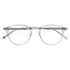 Clear eyeglasses with gold accents on a white background