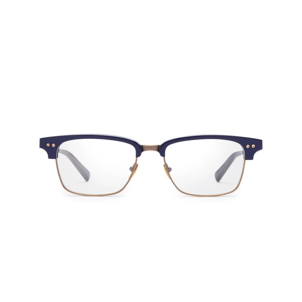 Navy and gold DITA Statesman-Three semi-rimless eyeglasses with browline frame design, luxury titanium construction, and signature double rivet details – available at Yosemite Eyewear