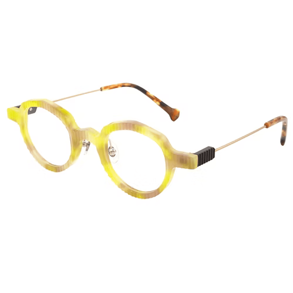 Round eyeglasses with a yellow frame on a white background