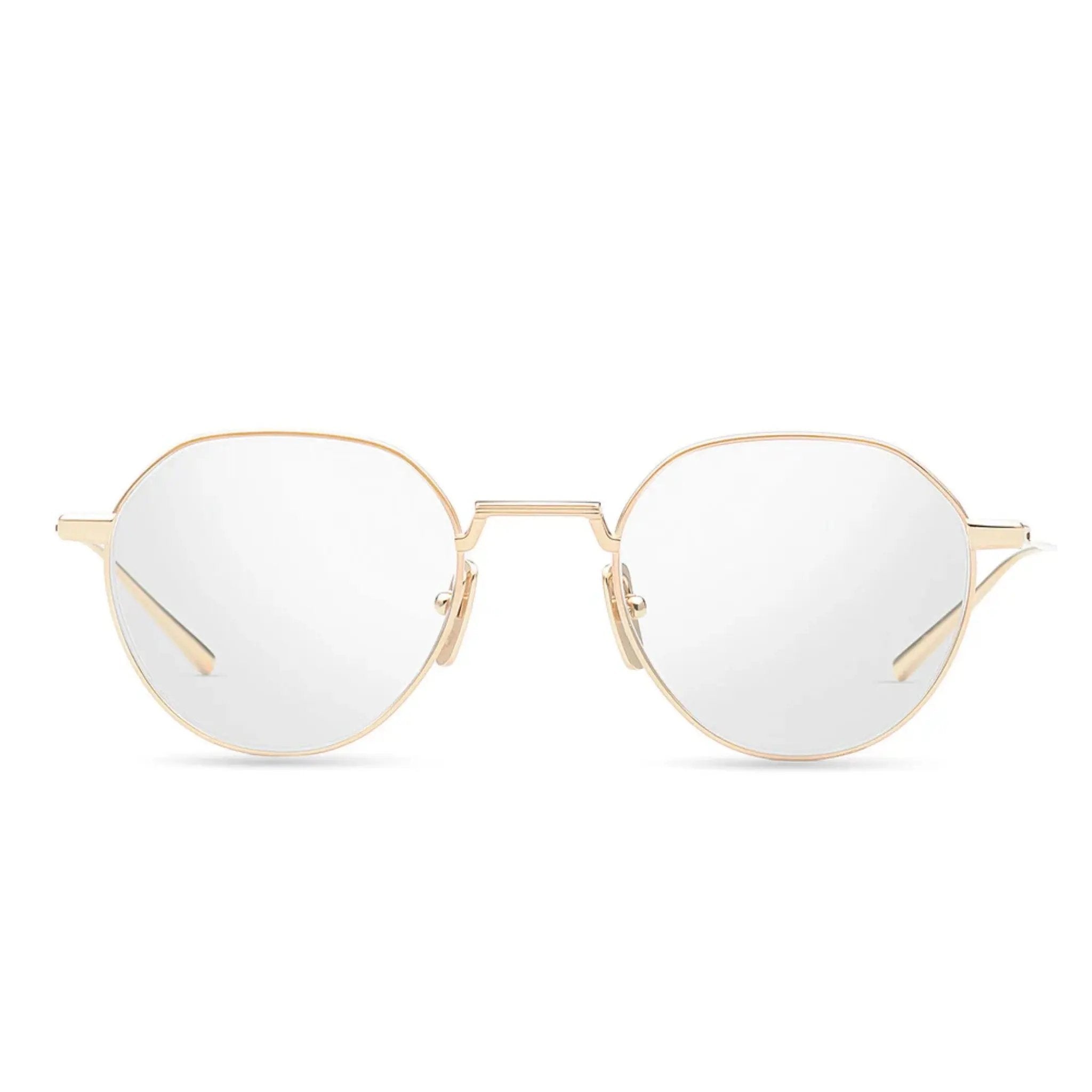 Gold-framed sunglasses with clear lenses on a white background