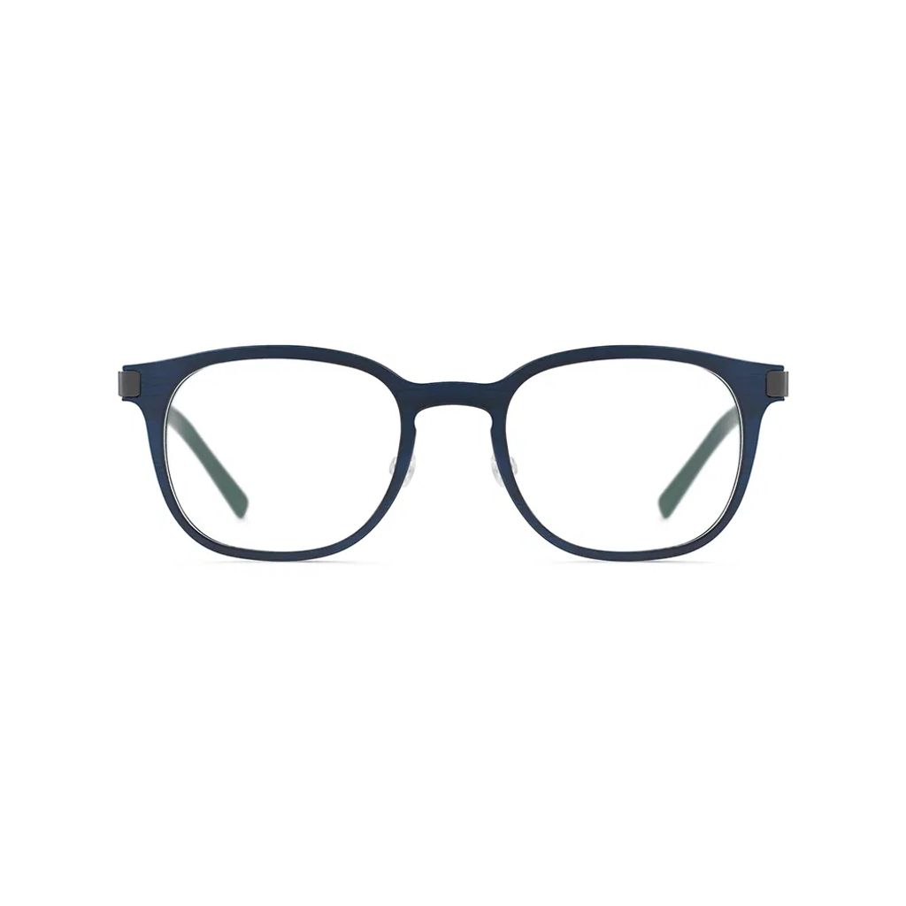 Blue eyeglasses made with wood and carbon