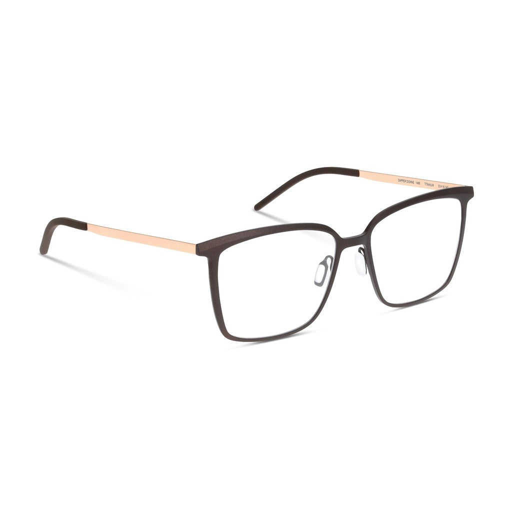 Ørgreen Dapper Dionne rectangular titanium eyeglasses in matte metallic brown with matte rose gold temples, three-quarter view