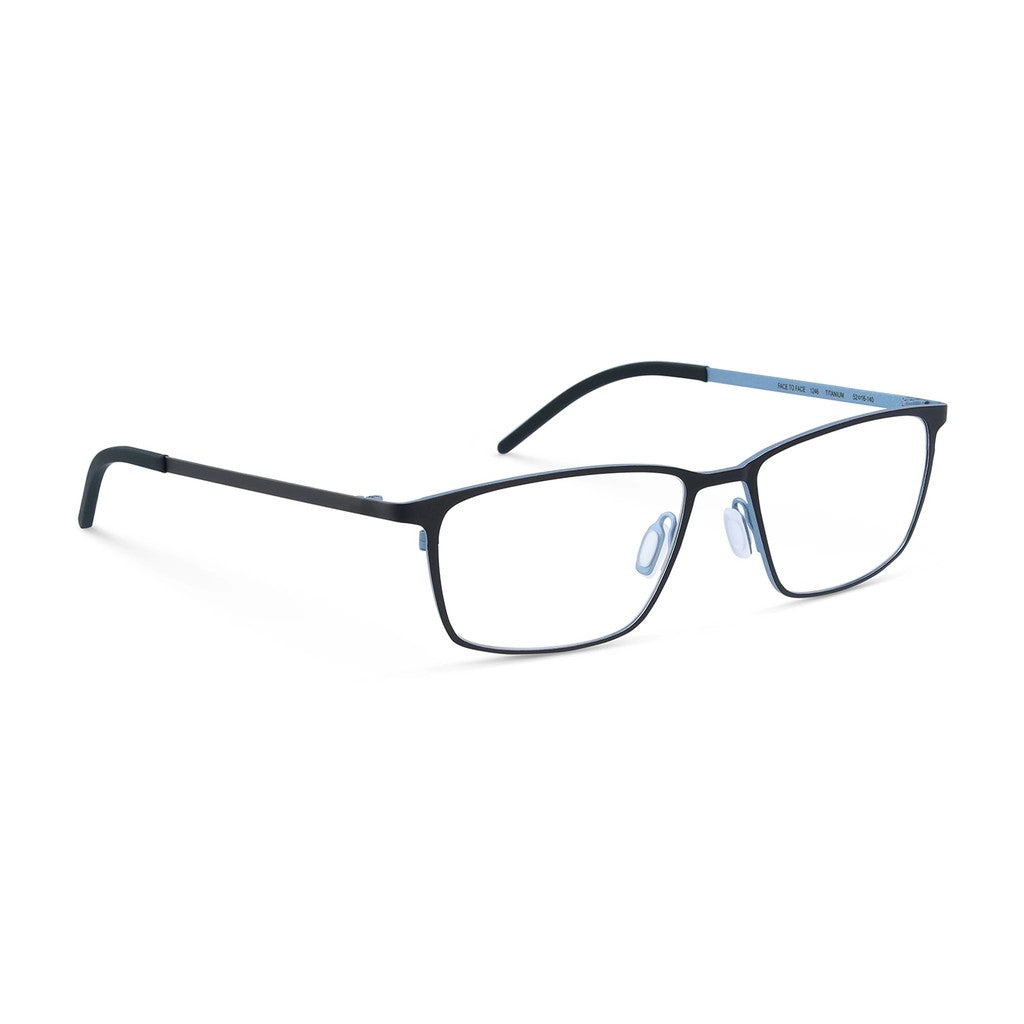 Ørgreen Face to Face 1246 rectangular titanium eyeglasses in black with blue details inside the temples, three-quarter view