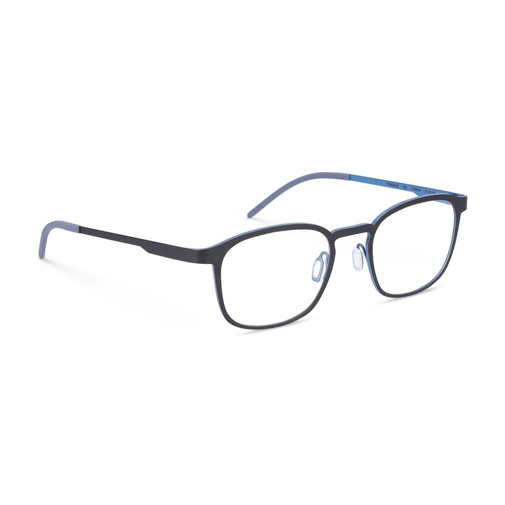 Ørgreen Powerage soft square titanium eyeglasses in matte charcoal with blue accents, color 1353, three-quarter view