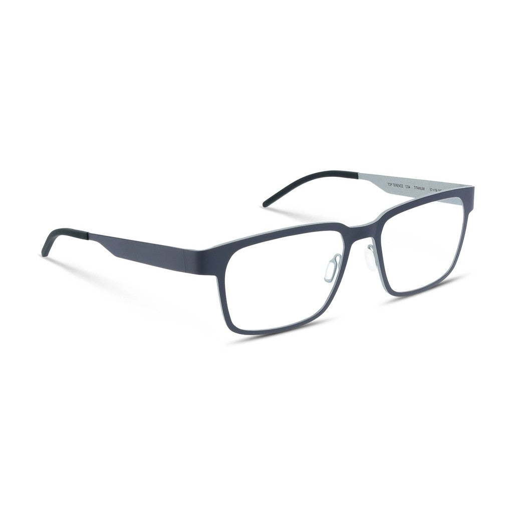 Ørgreen Top Terence rectangular titanium eyeglasses in Mat Dark Grey with Mat Oyster Grey inside edge and temples, three-quarter view