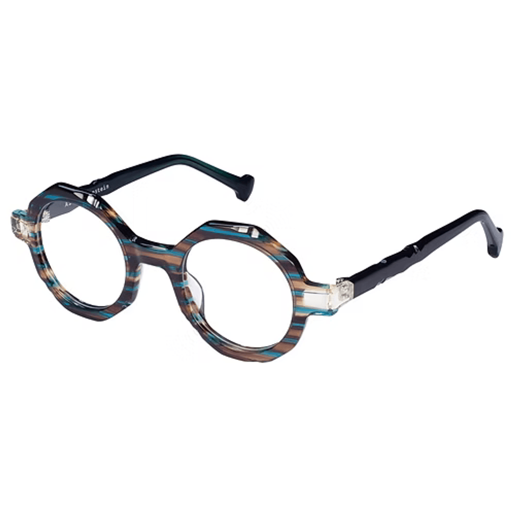 Round eyeglasses with a multicolored frame on a white background