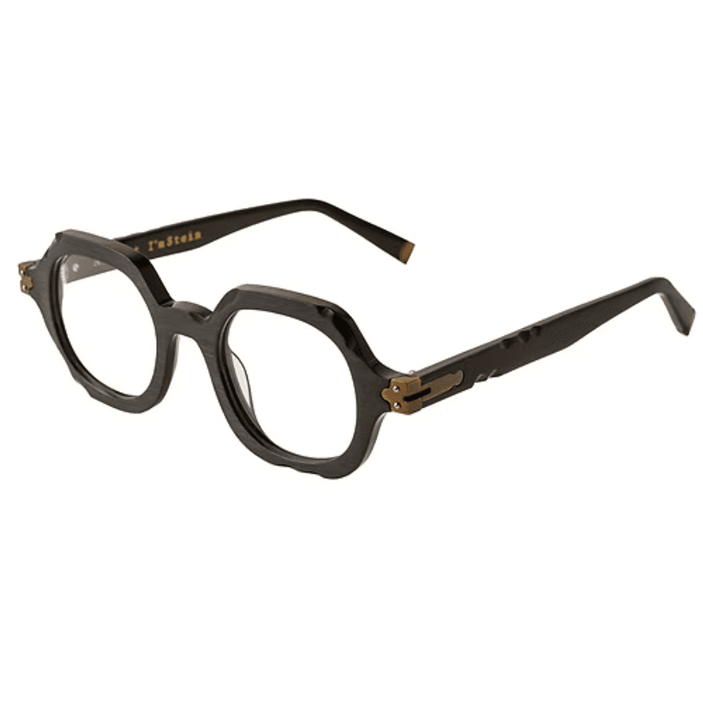 Black eyeglasses with gold accents on a white background