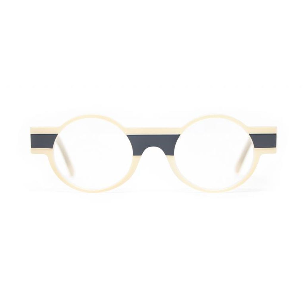 Round eyeglasses with a beige frame and black stripes on a white background