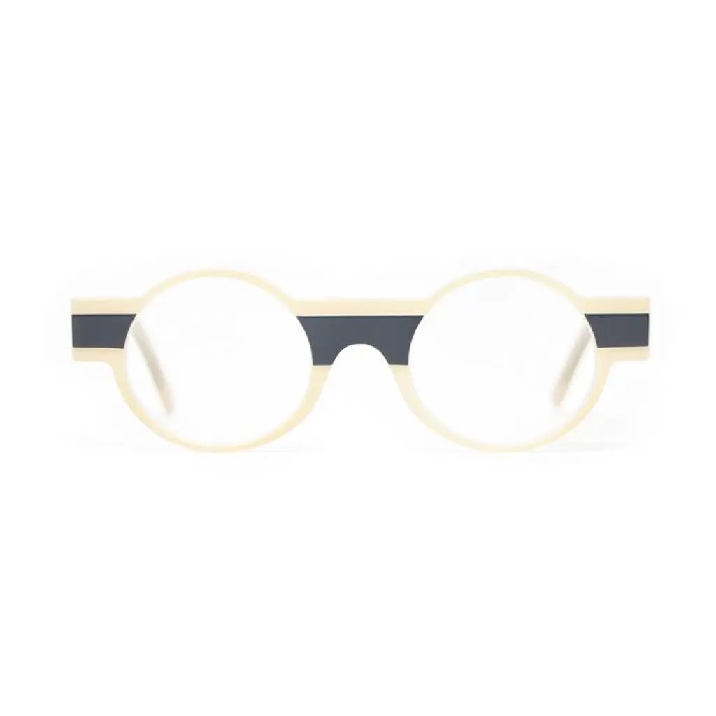 Round eyeglasses with a beige frame and black stripes on a white background