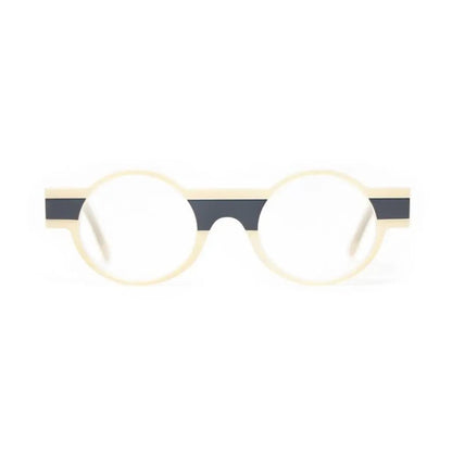 Round eyeglasses with a beige frame and black stripes on a white background