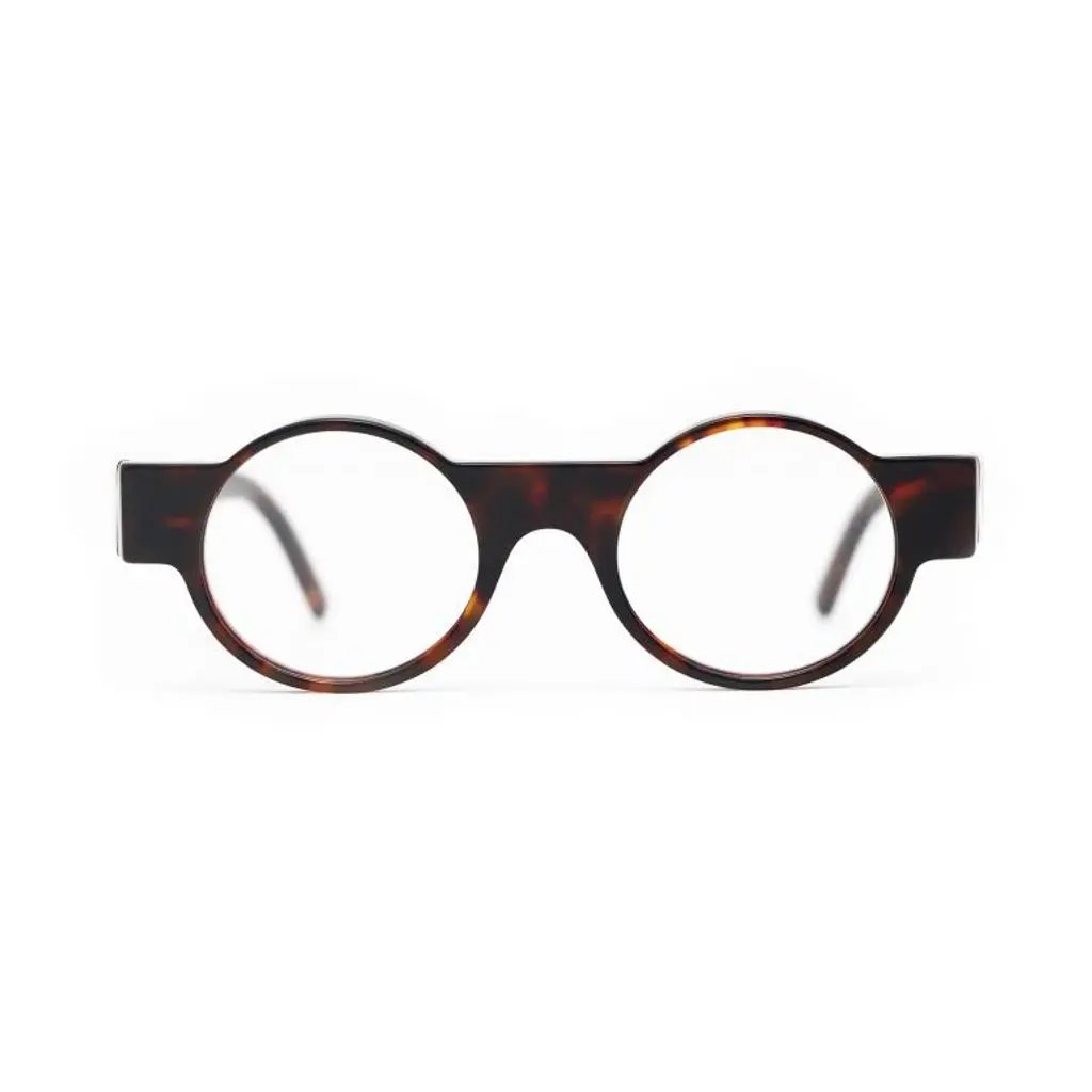 Round tortoiseshell eyeglasses on a white background