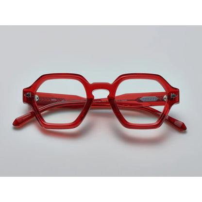 press eyewear pair of bold, red, geometric eyeglasses with hexagonal shape eyeglasses. press eyewear thick red rims and translucent material giving a modern fashionable look - Yosemite eyewear