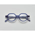 blue crystal acetate eyeglasses with round and subtly geometric frames, featuring the brand name "PRESS" on the temple, by Yosemite Eyewear