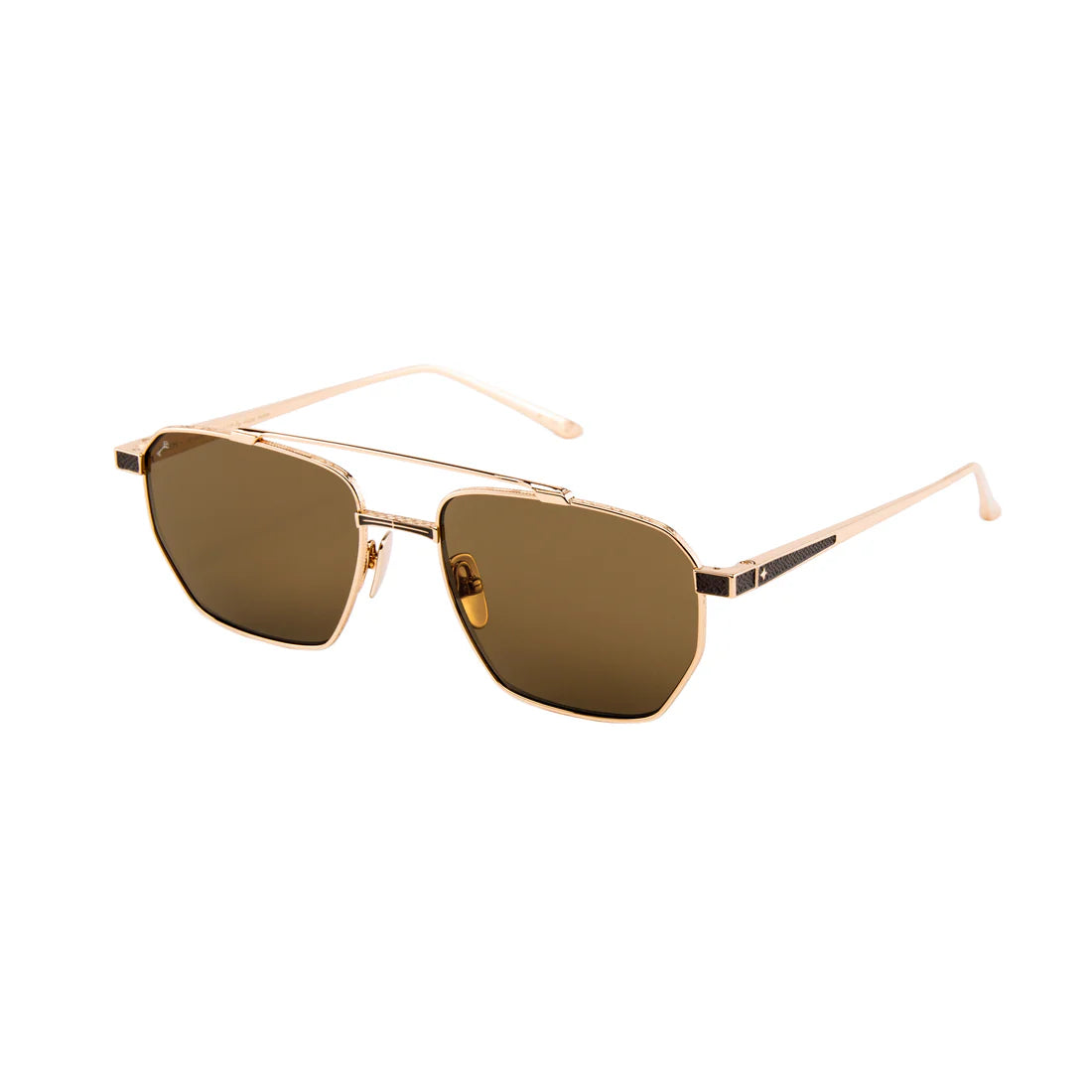Gold-framed sunglasses with brown lenses on a white background