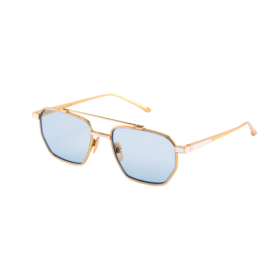 Gold-framed sunglasses with blue lenses on a white background