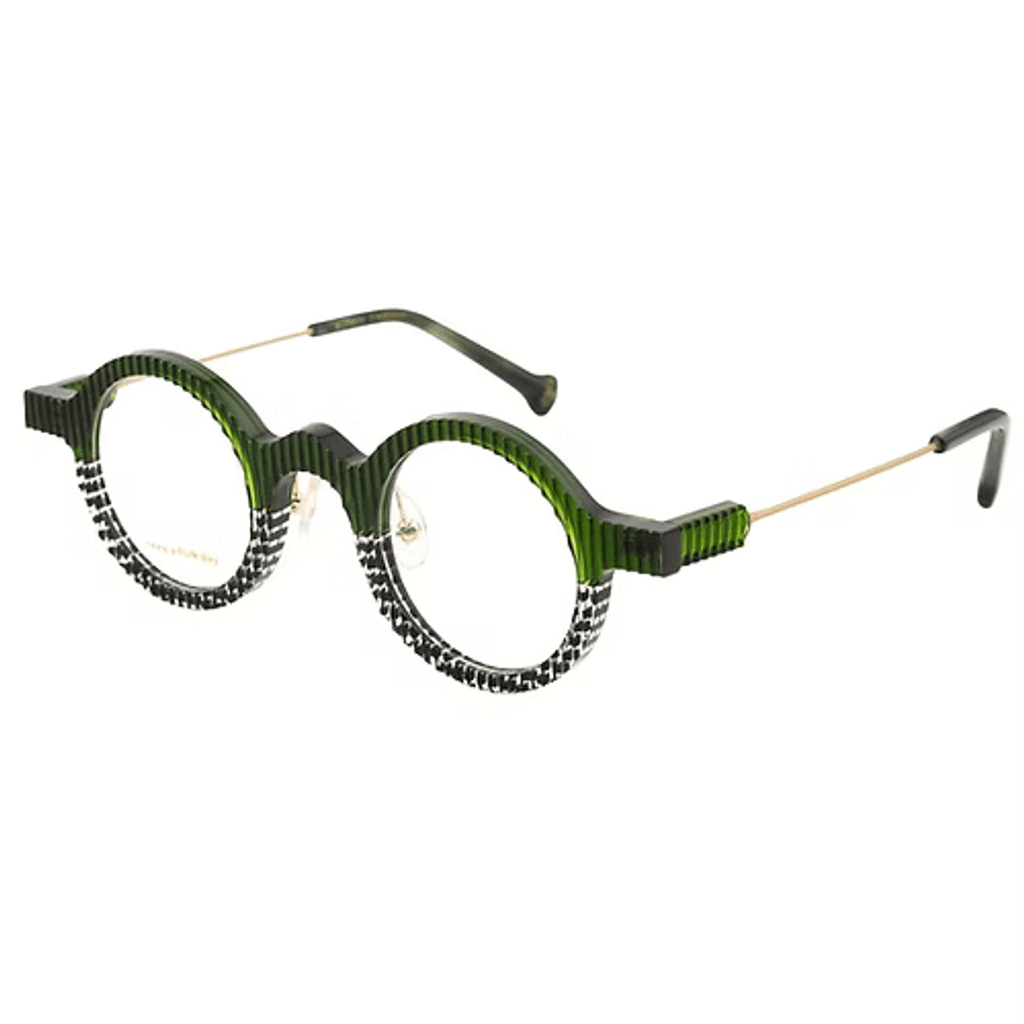 Green eyeglasses with decorative elements on a white background