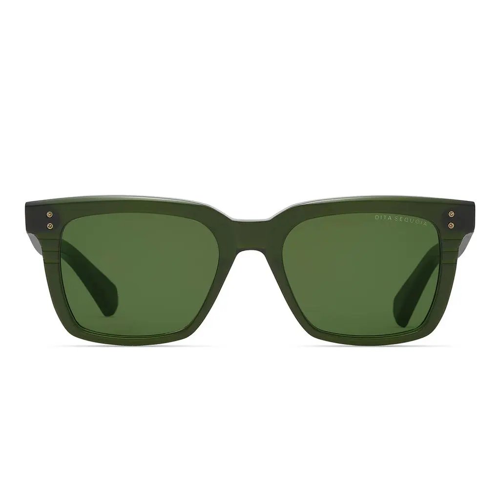 Green sunglasses with dark green lenses on a white background