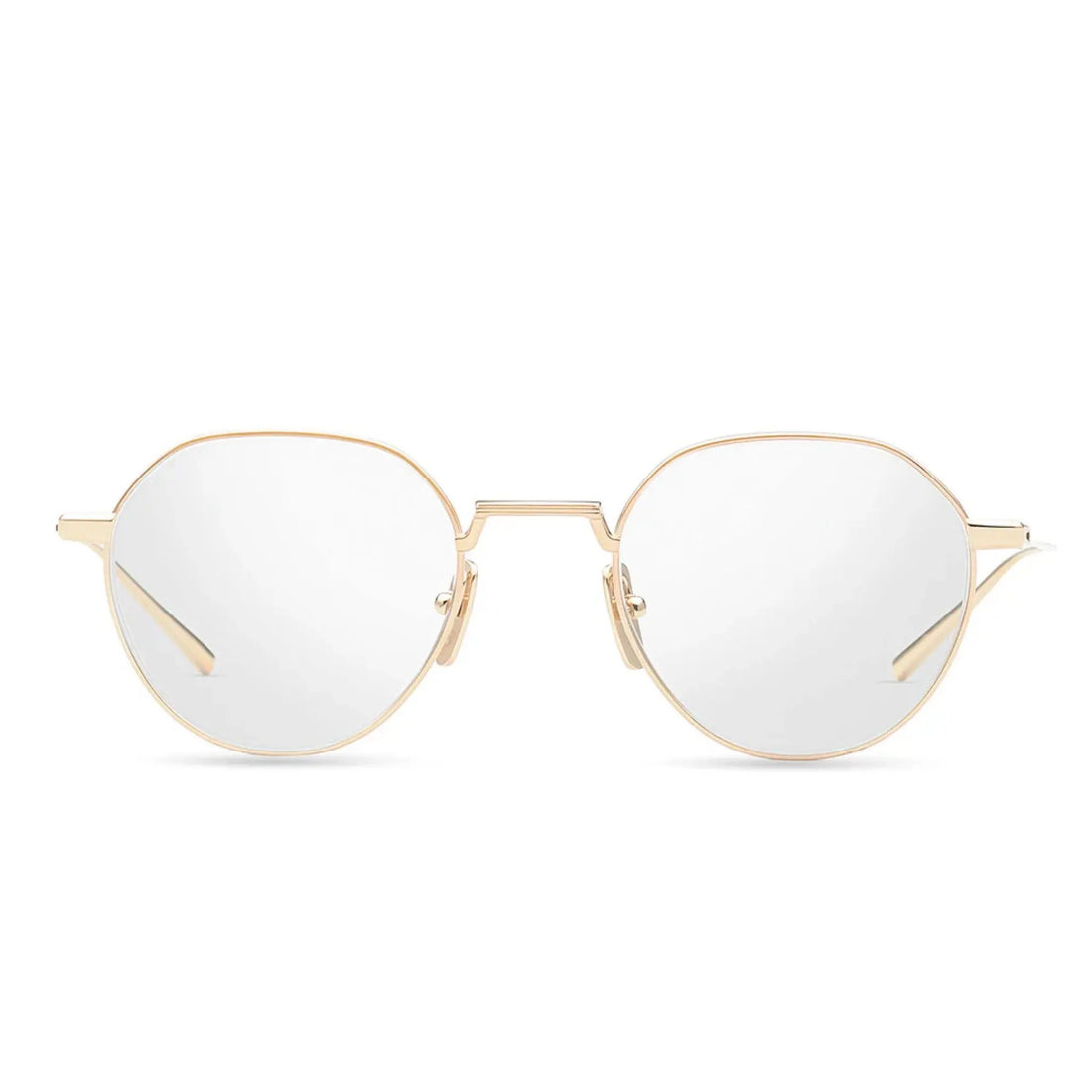 Gold-framed sunglasses with clear lenses on a white background