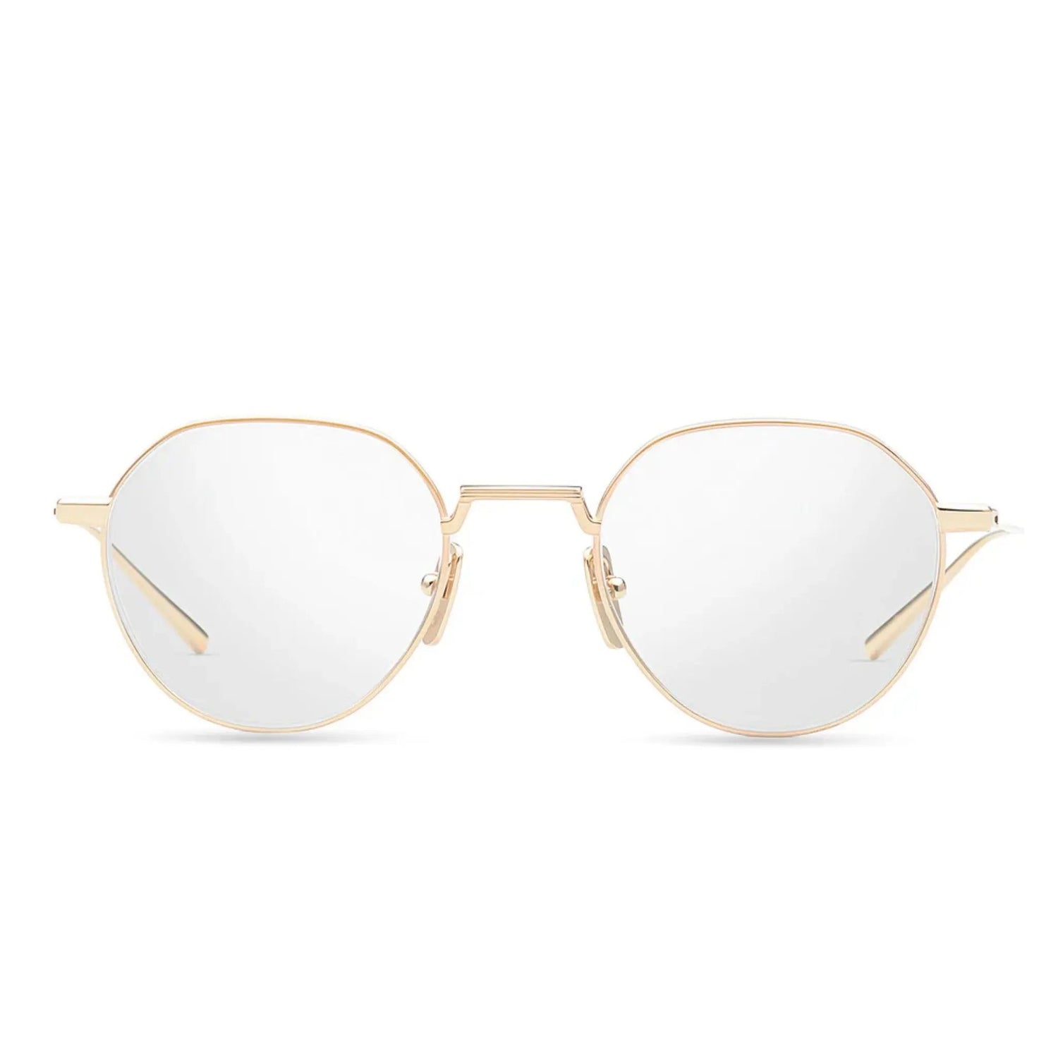 Gold-framed sunglasses with clear lenses on a white background