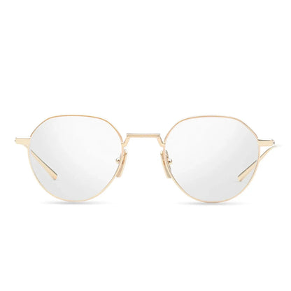 Gold-framed sunglasses with clear lenses on a white background
