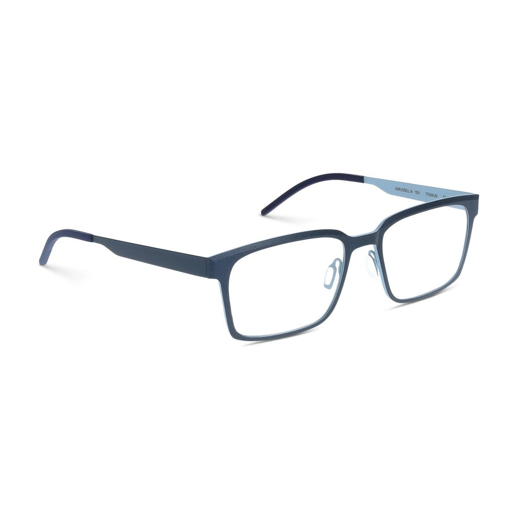 Ørgreen Karussell M rectangular titanium eyeglasses in matte navy with a light blue inside edge, three-quarter view