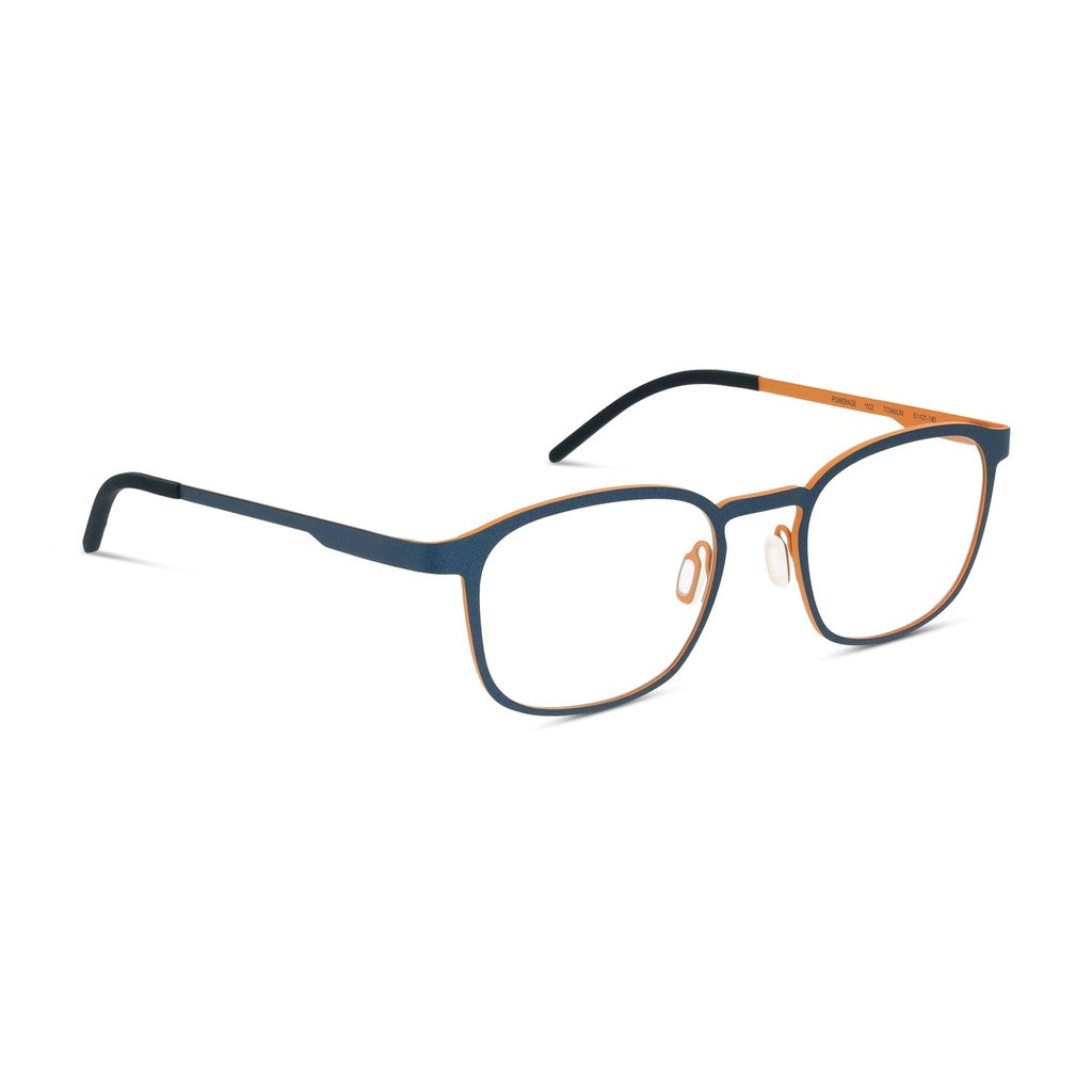  Ørgreen Powerage soft square titanium eyeglasses in matte tuxedo blue with satin sunflower orange accents, three-quarter view