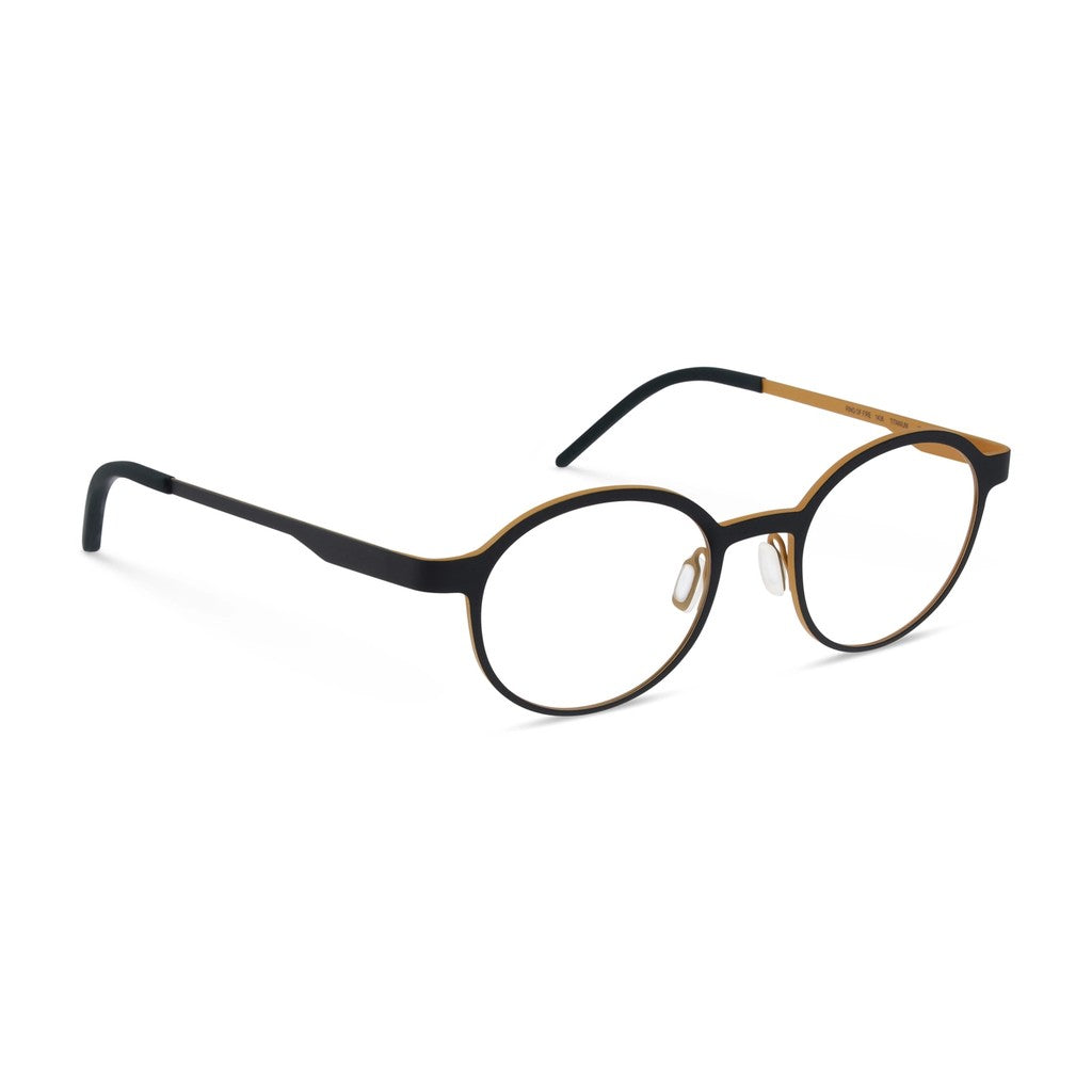 Ørgreen Ring of Fire round titanium eyeglasses in Mat Black and Mat Golden Oak, color 1438, three-quarter view