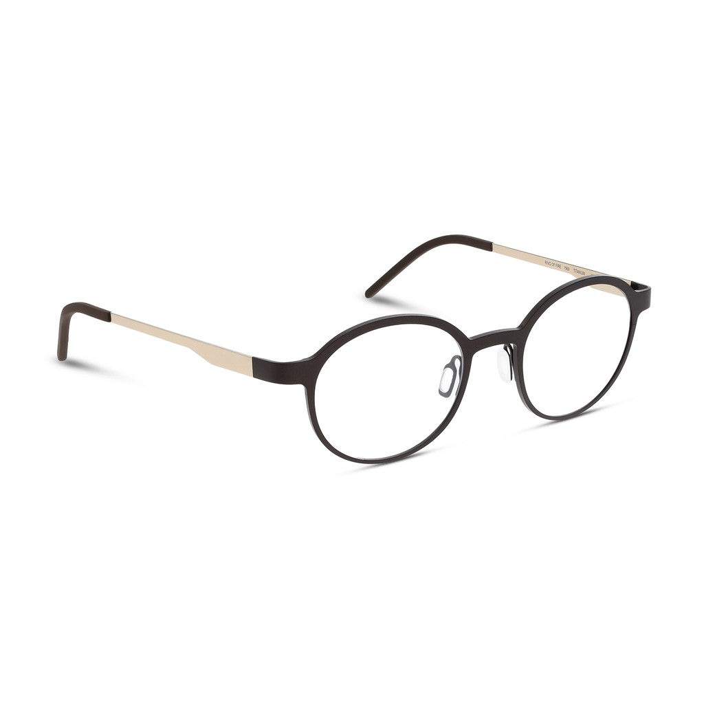 Ørgreen Ring of Fire round titanium eyeglasses in dark brown with champagne gold temples, three-quarter view