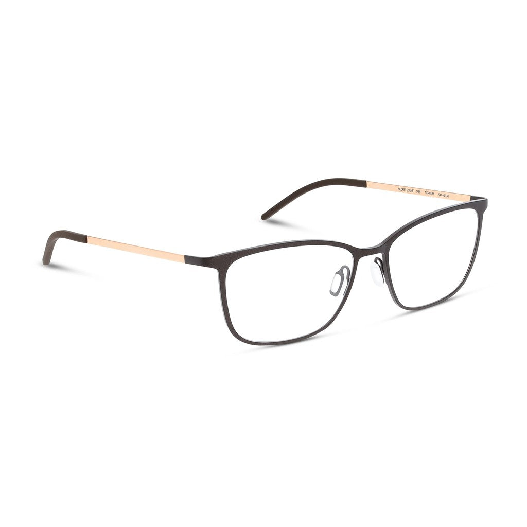 Ørgreen Secret Sonnet slim rectangular titanium eyeglasses in Mat Metallic Brown with Mat Rose Gold temples, three-quarter view