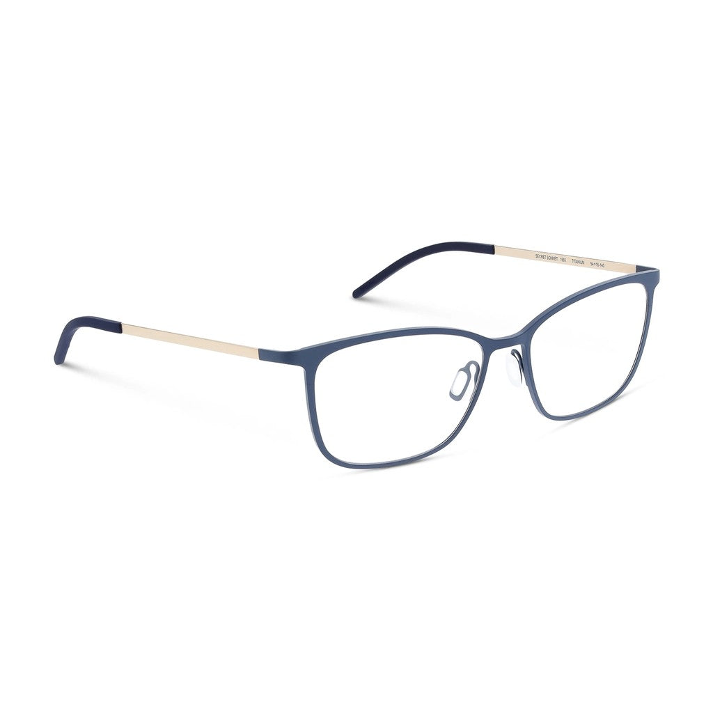 Ørgreen Secret Sonnet slim rectangular titanium eyeglasses in matte navy blue with champagne gold temples, three-quarter view