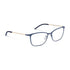 Ørgreen Secret Sonnet slim rectangular titanium eyeglasses in matte navy blue with champagne gold temples, three-quarter view