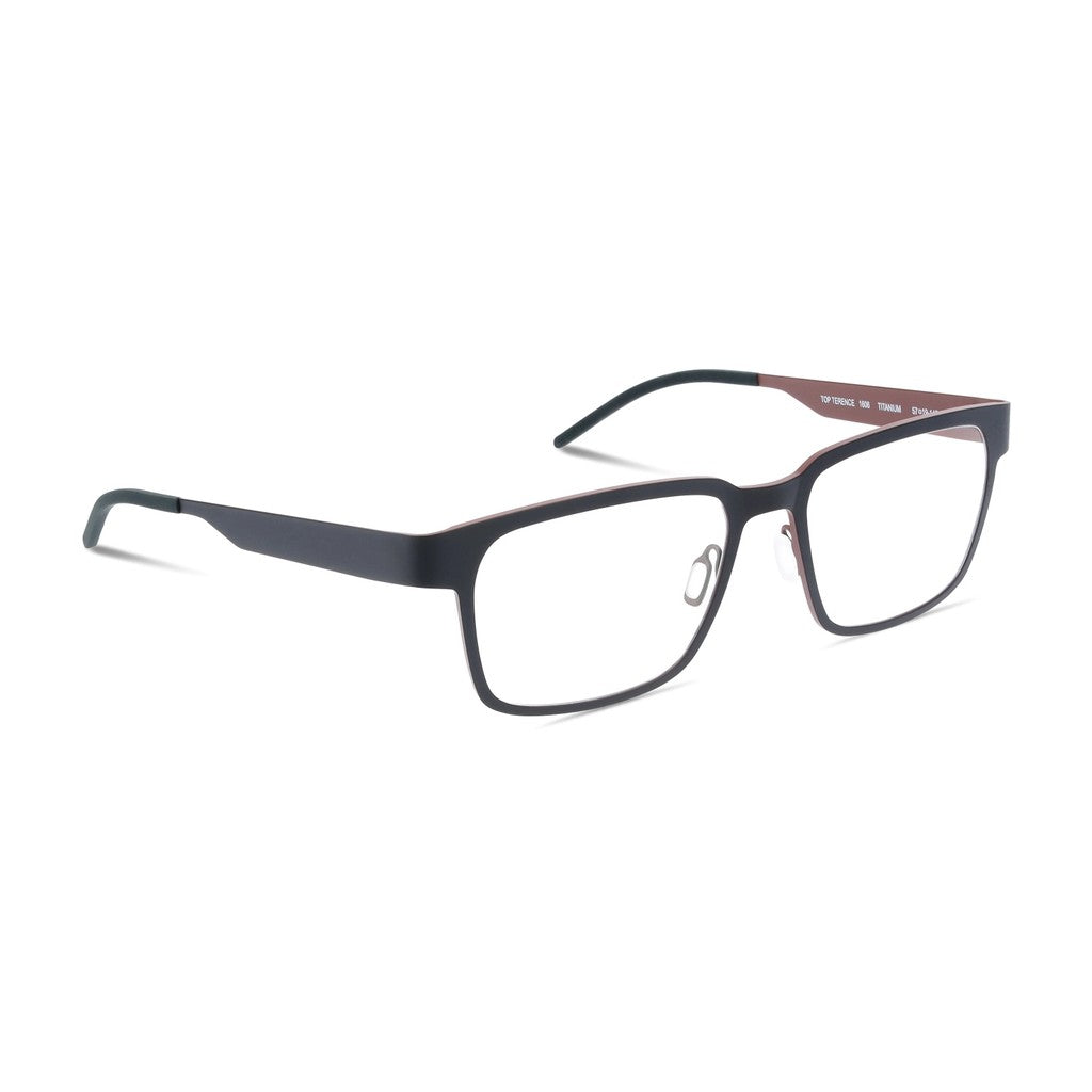  Ørgreen Top Terence rectangular titanium eyeglasses in matte black with a brown inside edge, three-quarter view