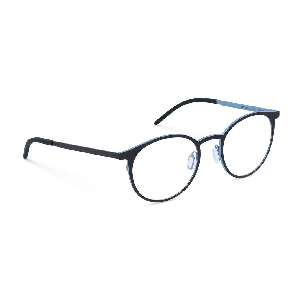 Ørgreen Vitus 2.0 round titanium eyeglasses in Mat Black and Mat Metallic Light Blue, color 1246, three-quarter view