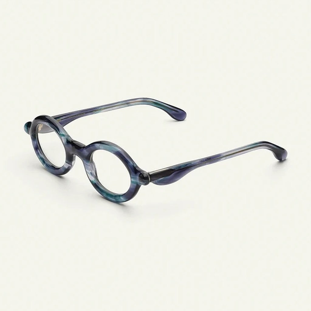 Paloceras Vapor Dust R2 round eyeglasses in vibrant marbled blue acetate, angle view