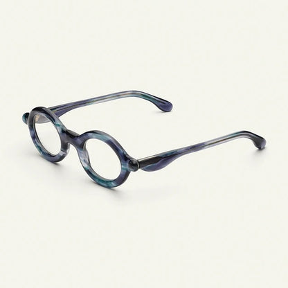 Paloceras Vapor Dust R2 round eyeglasses in vibrant marbled blue acetate, angle view