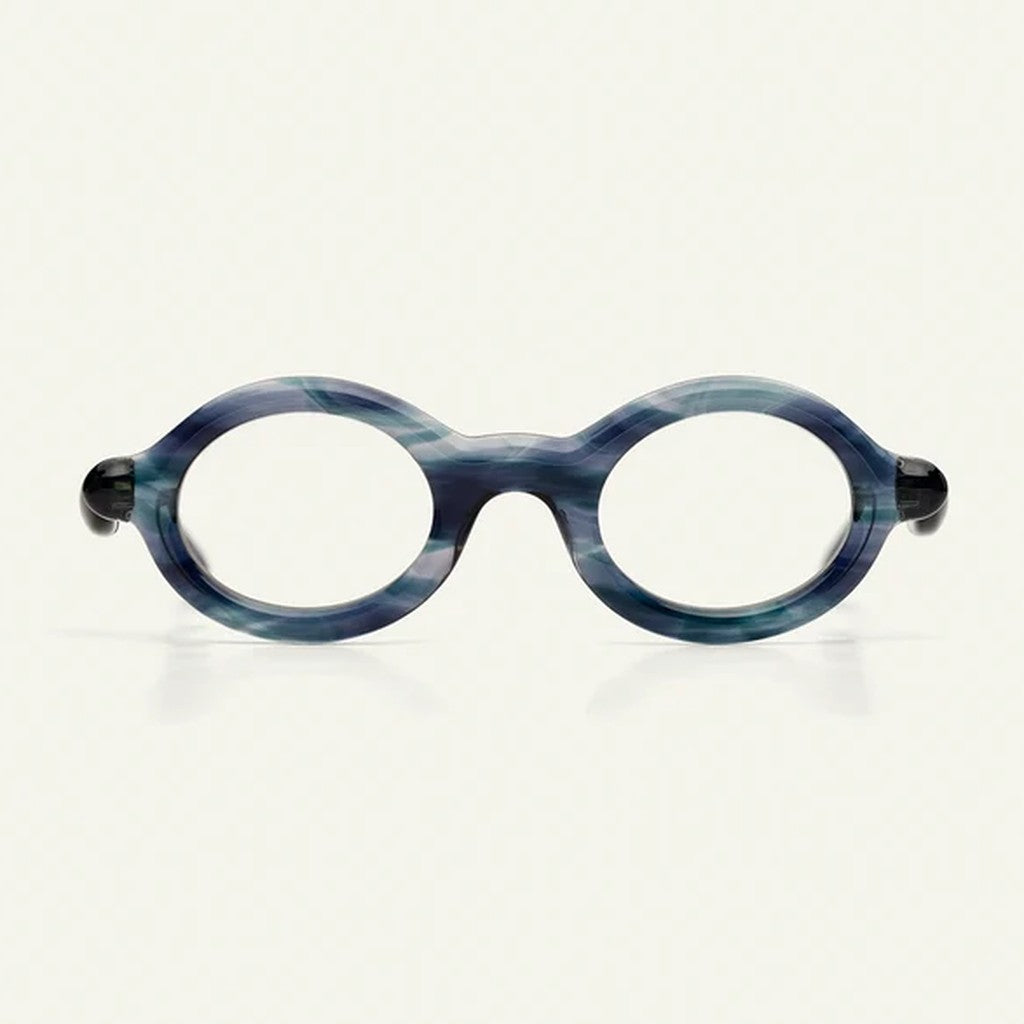 Paloceras Vapor Dust R2 round eyeglasses in vibrant marbled blue acetate, front view