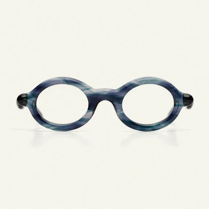 Paloceras Vapor Dust R2 round eyeglasses in vibrant marbled blue acetate, front view