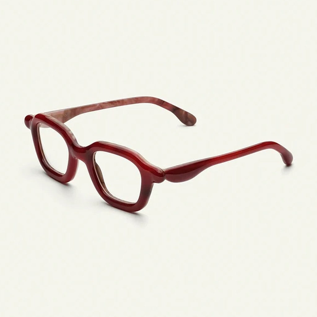 Paloceras Molten Haze A2 square eyeglasses in deep red acetate, angle view