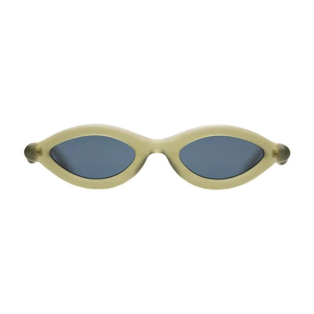 Paloceras sunglasses in translucent olive green with narrow oval frames and blue-grey lenses
